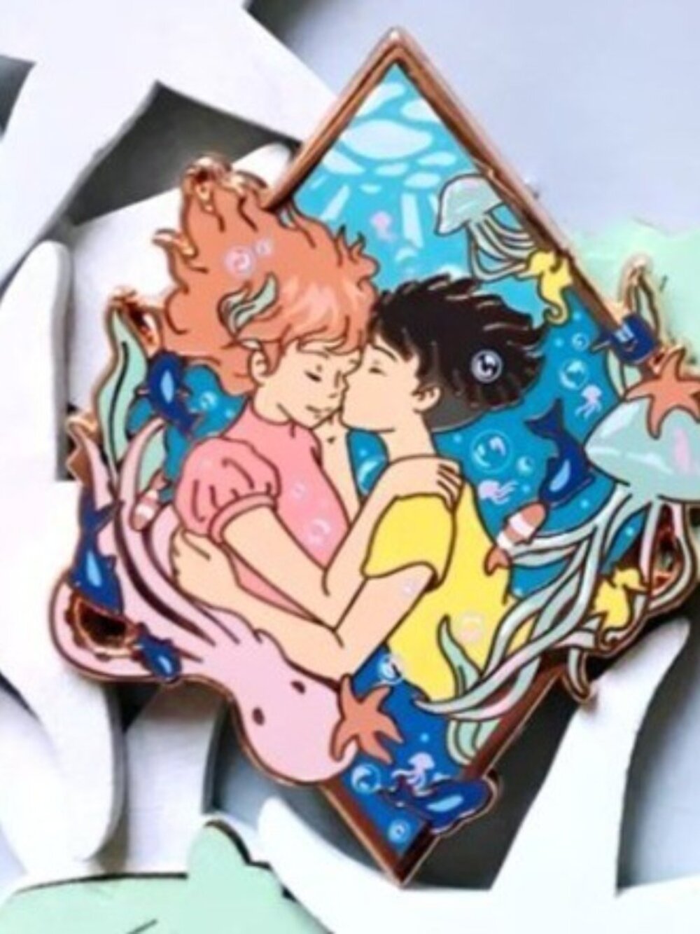 Studio Ghibli Ponyo & Sosuke Love Enamel Pin – Elegant Anime Fan Collectible!